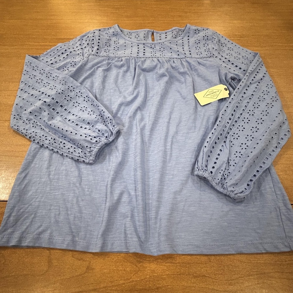 St. John's Bay Blouse Womens M Blue Crew Neck Long Balloon Sleeve Eyelet Floral